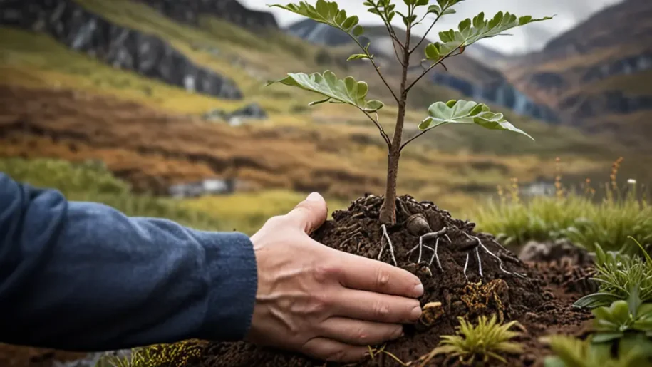 A person's hand, engaged in a sustainable adventure, planting a small tree sapling in the soil with a grassy field and mountains in the background.