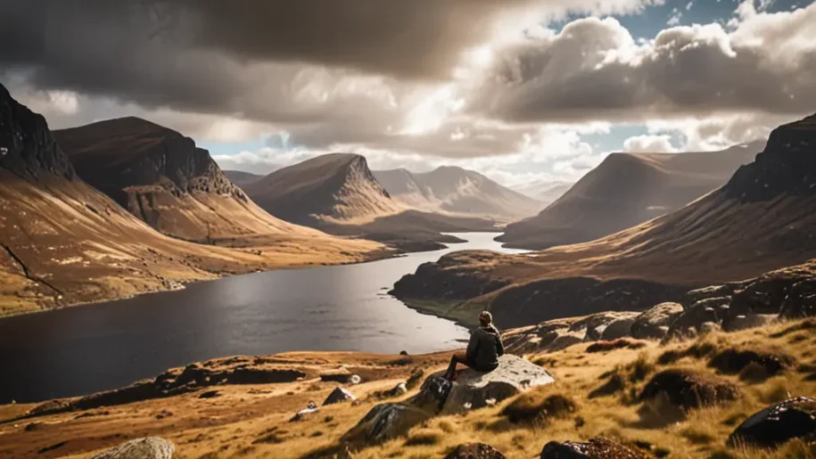A person sits on a rock overlooking a vast, serene lake surrounded by rugged mountains under a partly cloudy sky, the perfect spot to contemplate future personalised tours.